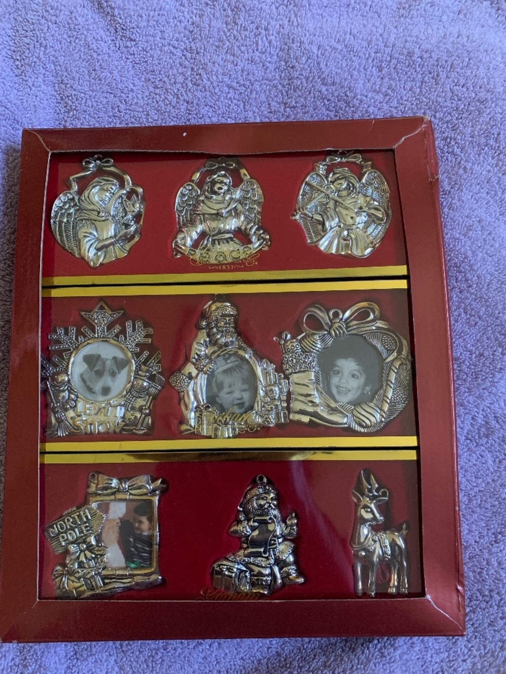 New in Box Gotham Set of 9 Silvertone Christmas Ornaments